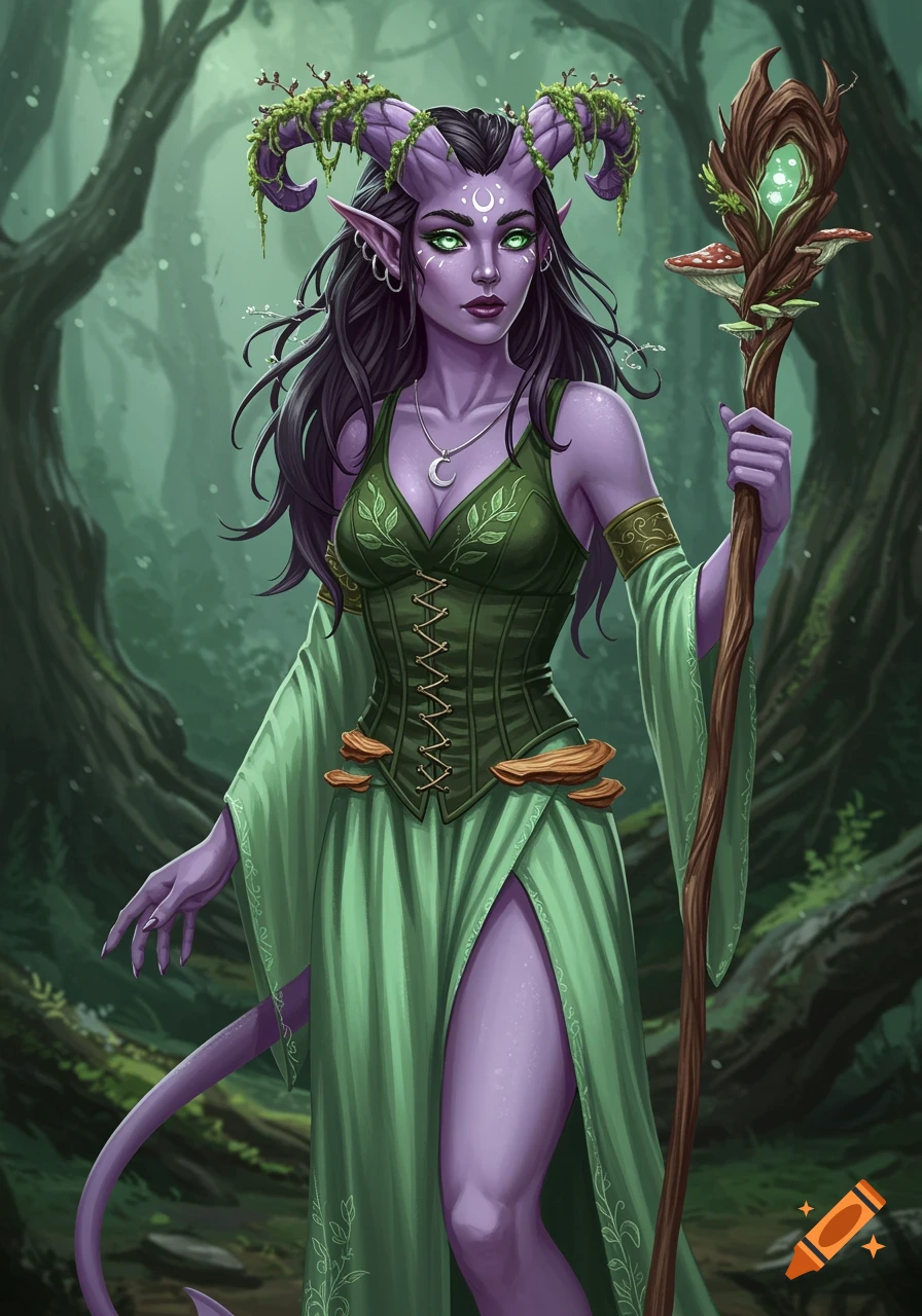 A purple-skinned female tiefling druid with mossy horns and a green dress holds a mushroom staff in a forest.