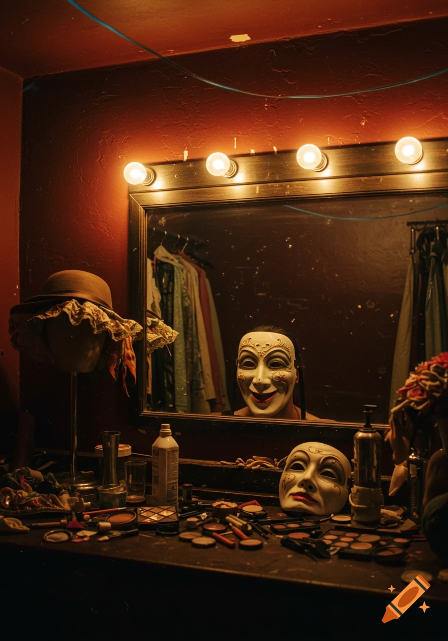 Person in a white theater mask reflected in a vintage dressing room mirror, surrounded by makeup and props.