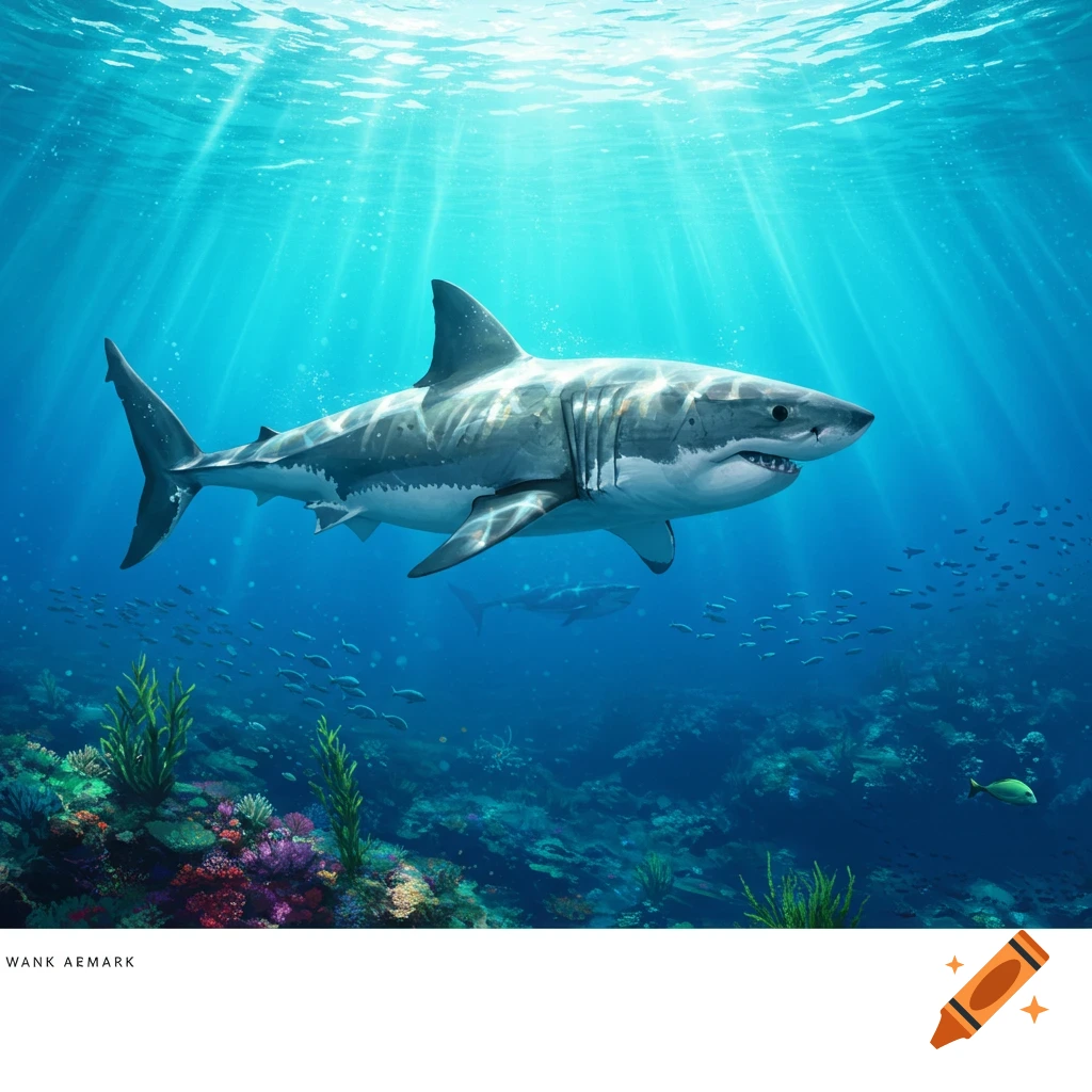 A great white shark swims in a clear blue ocean, with sun rays piercing through the water to illuminate a vibrant coral reef below.