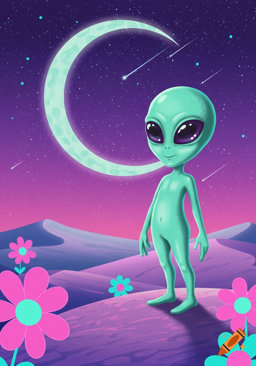 A green alien with large eyes stands on a purple planet under a crescent moon and starry sky, with pink and teal flowers.
