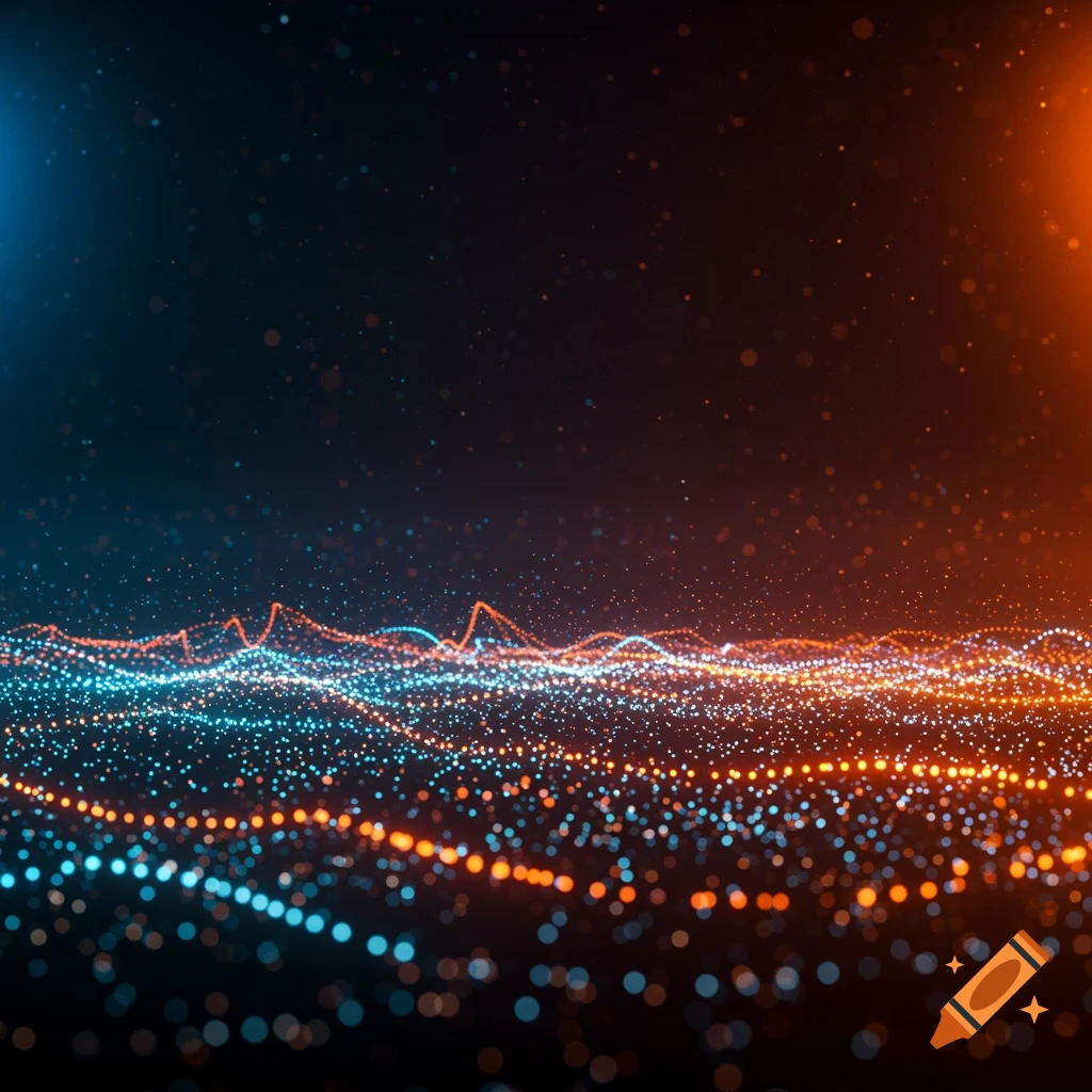 Abstract background with glowing blue and orange particle waves on a dark background.