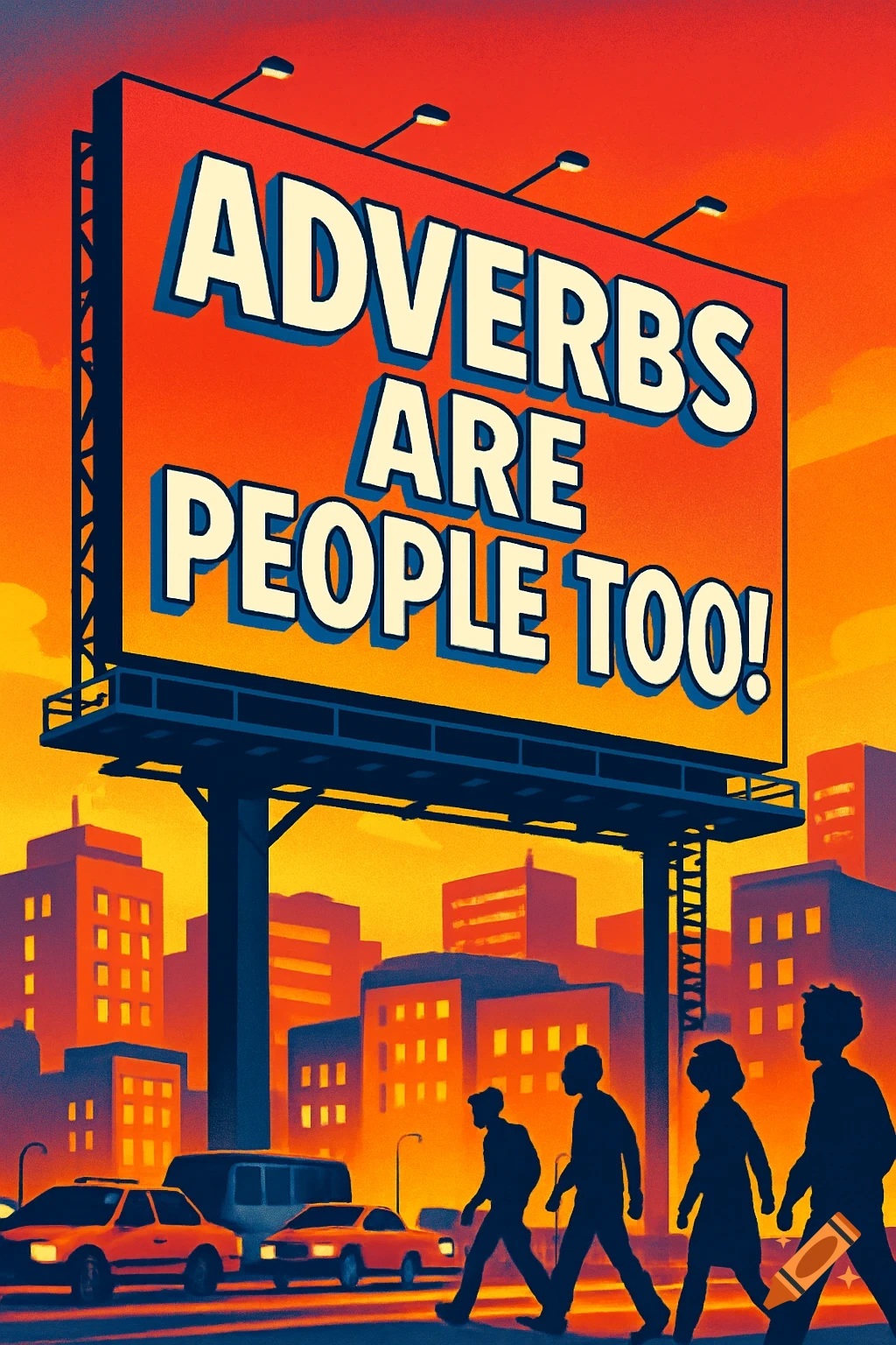 Stylized cityscape at sunset with a billboard reading 'ADVERBS ARE PEOPLE TOO!' above silhouetted people and cars.