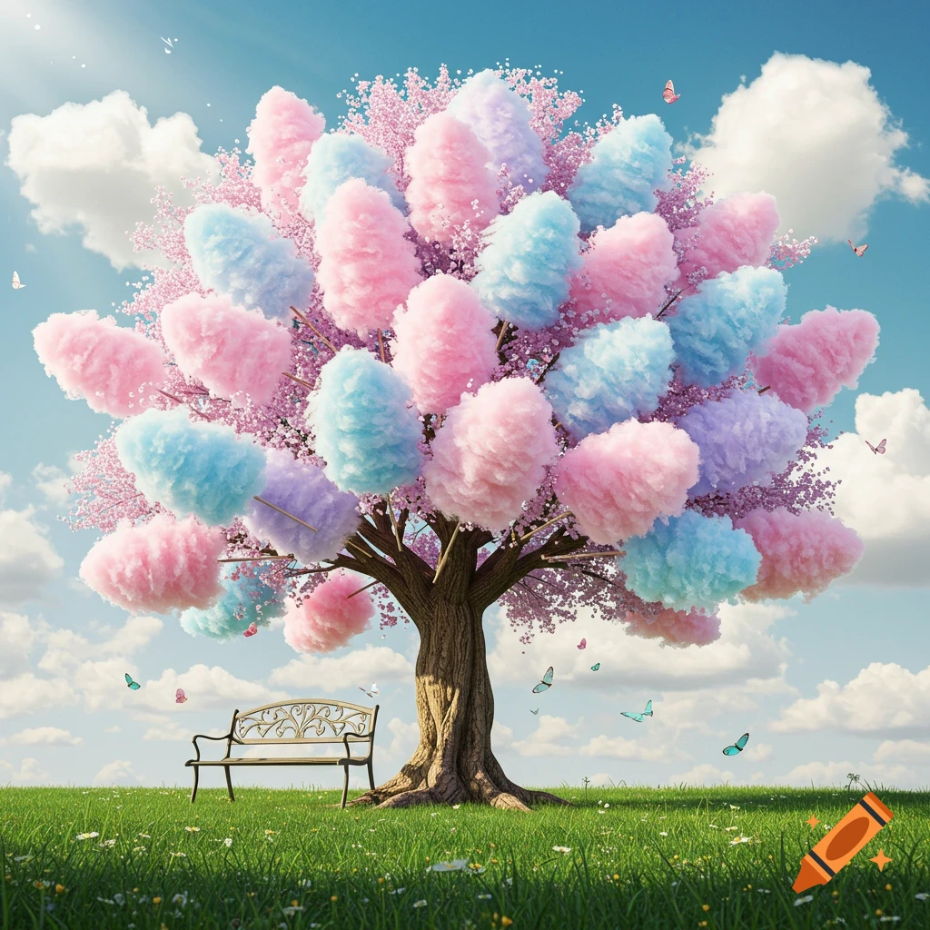 A whimsical tree with fluffy pink, blue, and purple cotton candy for leaves stands in a green field under a sunny sky, with a bench beside its trunk and butterflies flying around.