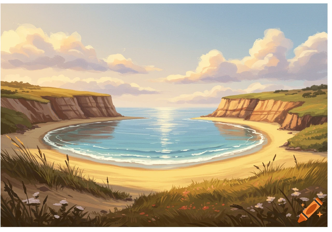 An illustrative painting of a sunny bay with a sandy beach, blue water, and tall grassy cliffs under a bright sky with clouds.