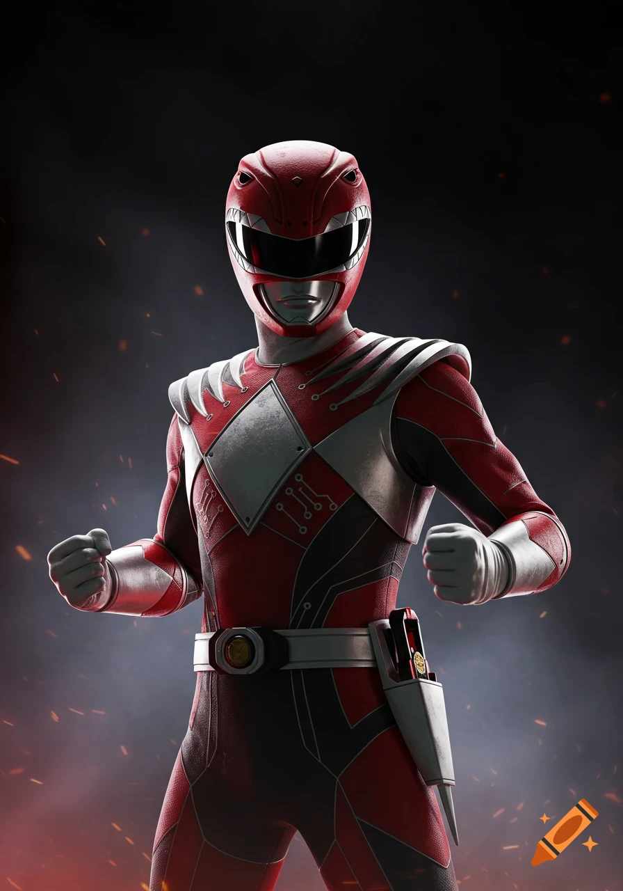 Photorealistic image of the Red Power Ranger in a powerful 3/4 pose, against a dark, smoky background.