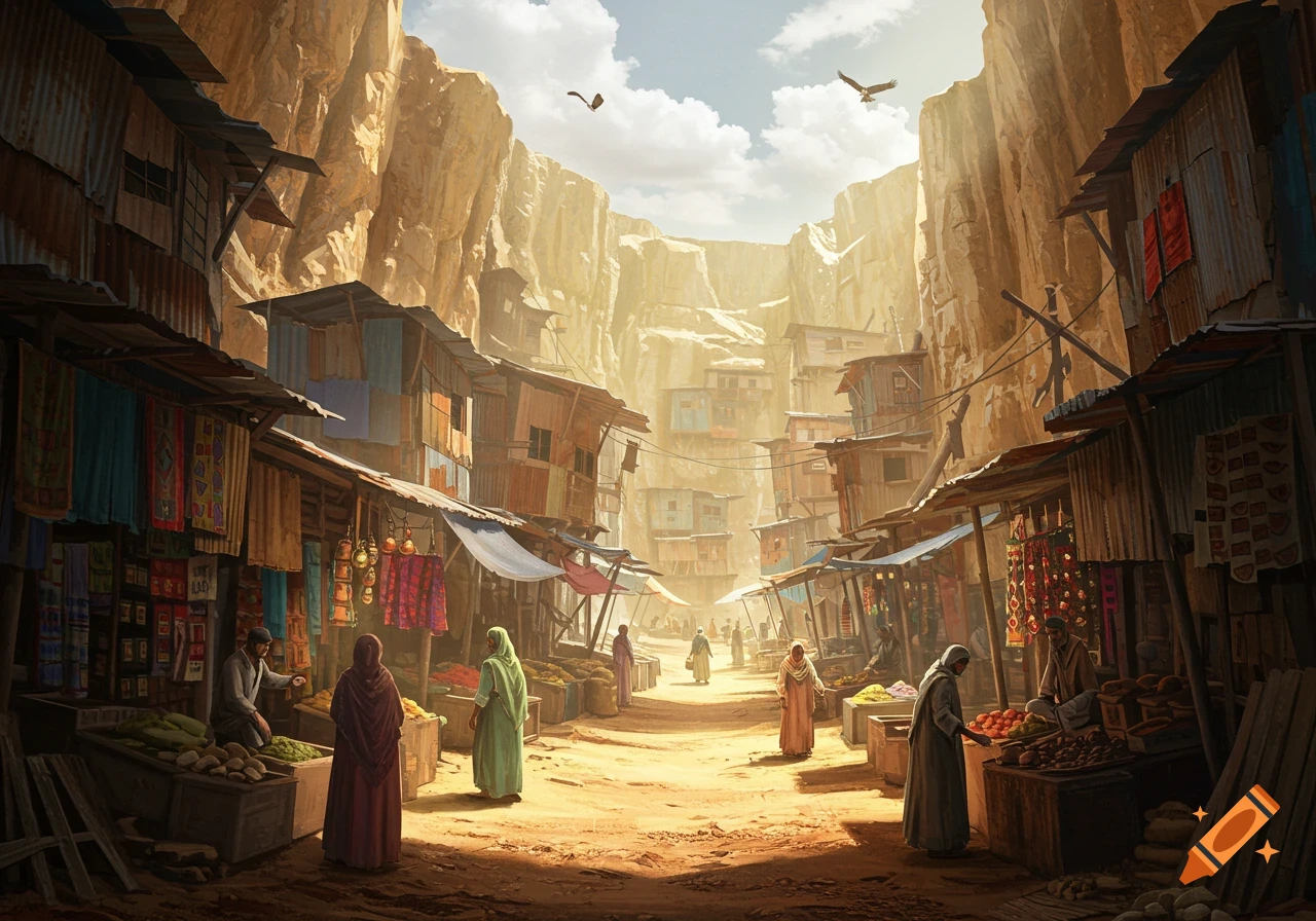 A bustling market in a dusty shanty town, nestled between tall canyon walls under a bright sky, in a digital painting style.