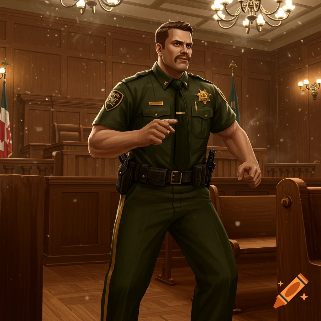 A muscular sheriff in a dark green uniform stands in a courtroom, pointing forward with determination. The scene has a detailed, illustrative style.