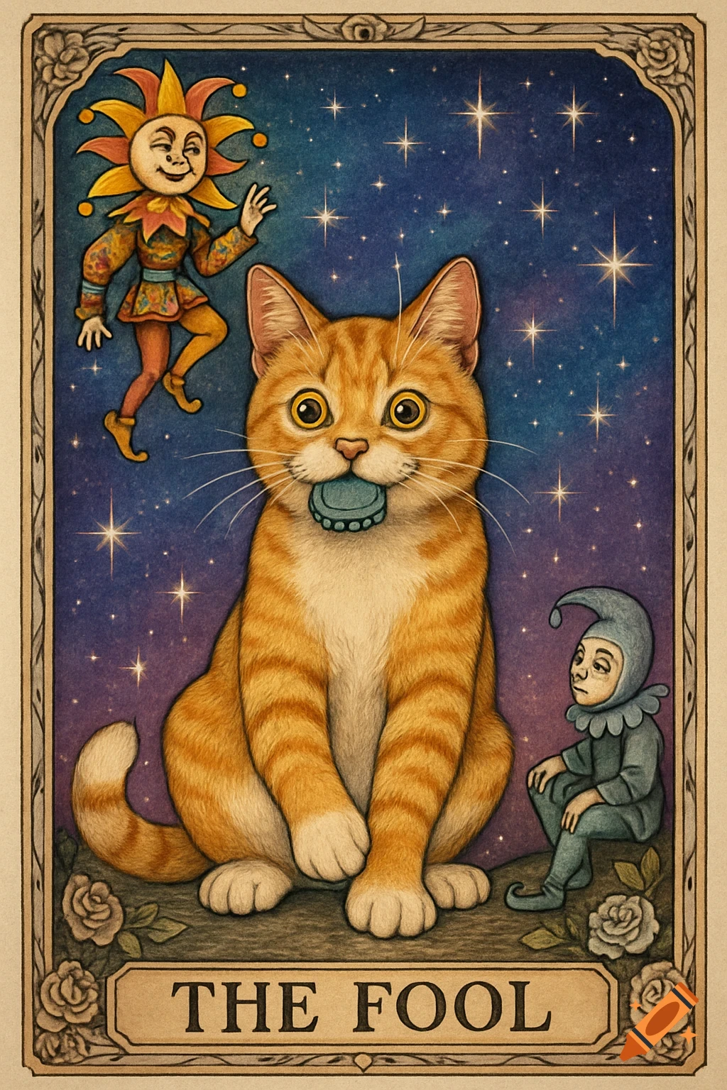 Whimsical tarot card depicting 'The Fool' as an orange tabby cat holding a bottle cap, with a sun jester and a moon jester, against a starry sky.