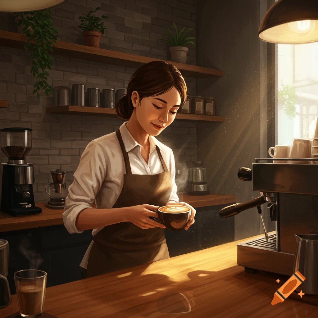 A smiling barista in a white shirt and brown apron holds a steaming latte with latte art in a cozy coffee shop, bathed in sunlight.