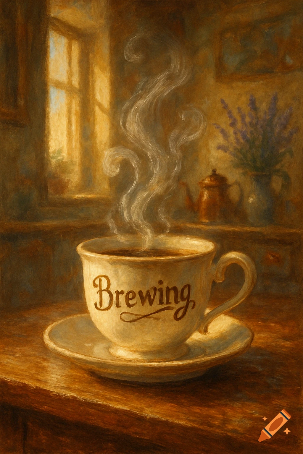 Painterly still life of a steaming coffee cup with 'Brewing' on its side, on a wooden table with sunlit window and flowers in background.