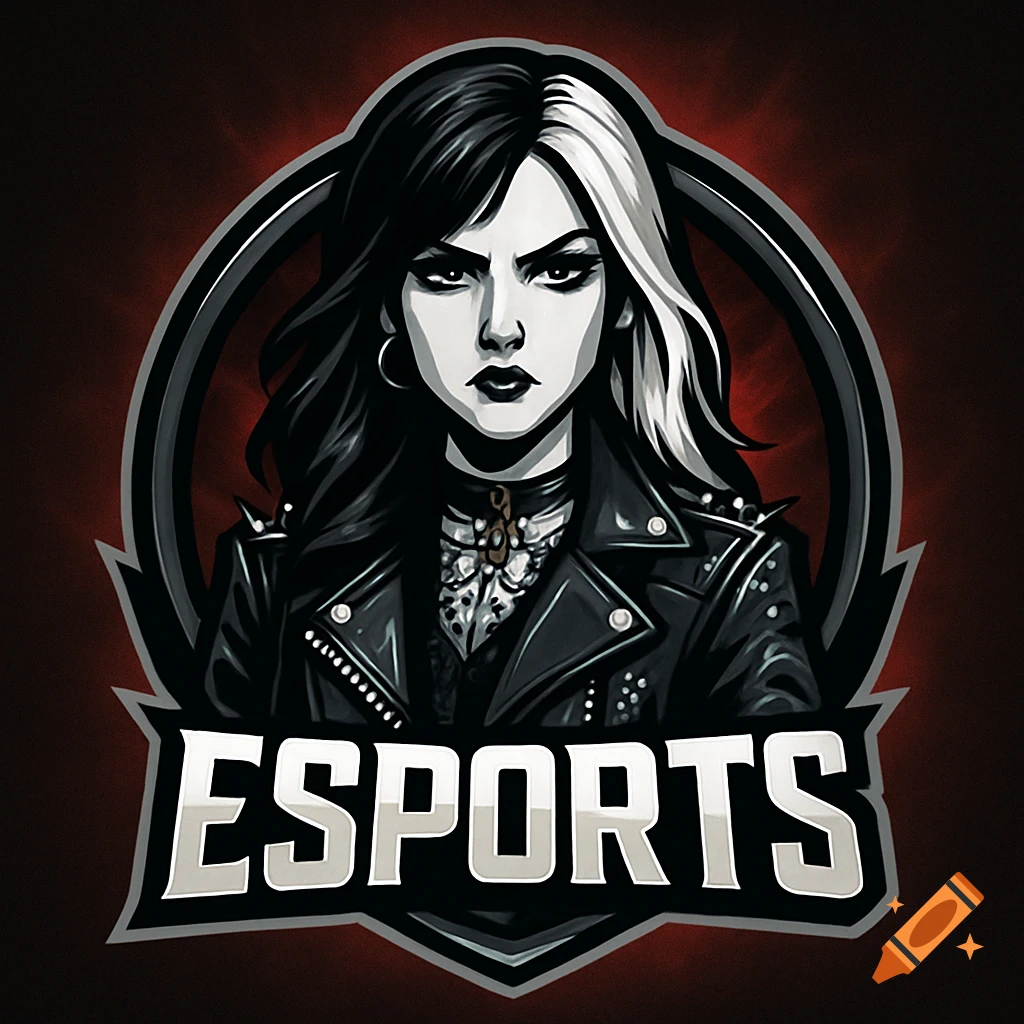A stylized logo featuring a stern goth girl with black and white hair, wearing a studded leather jacket, above the word "ESPORTS".