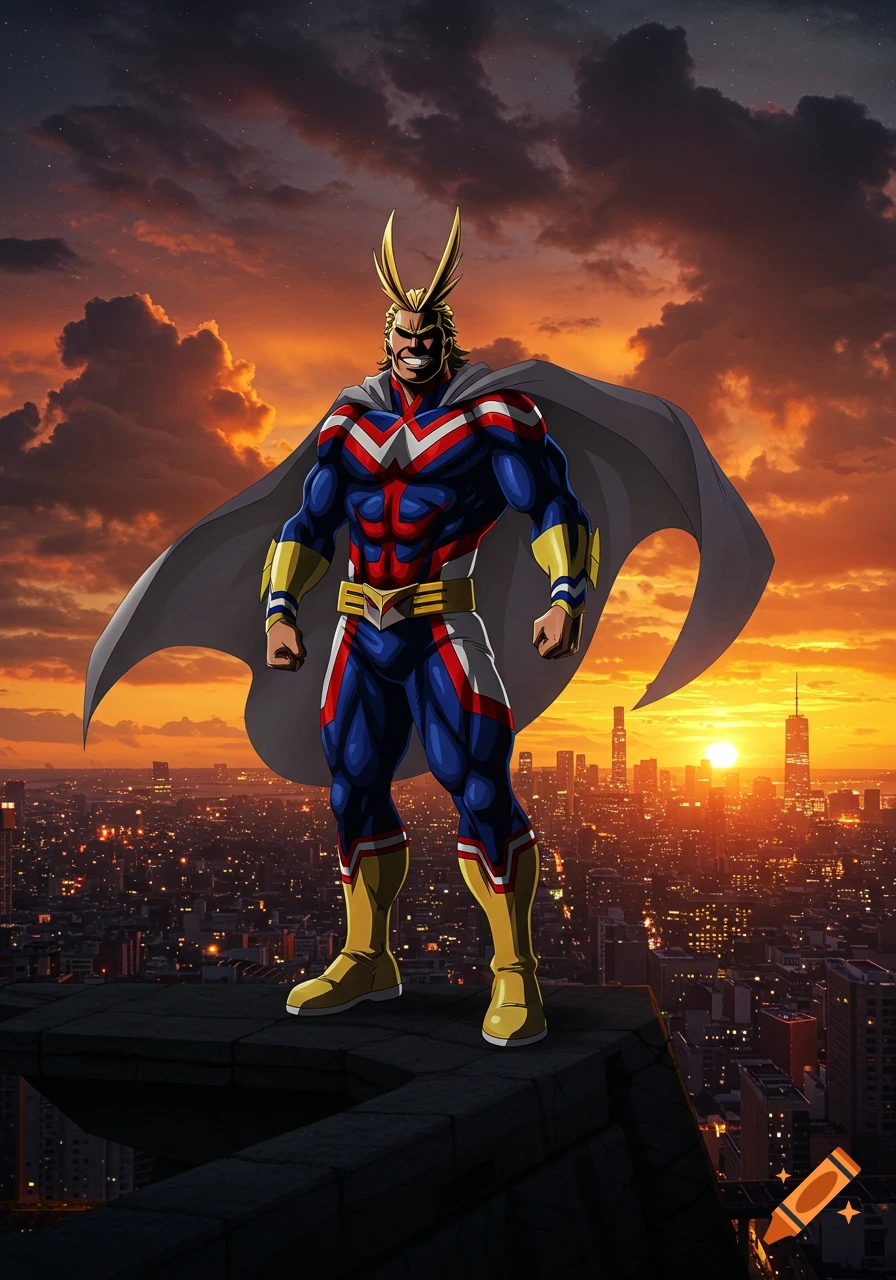 All Might, a superhero in a blue, red, and gold suit with a grey cape, stands on a rooftop overlooking a city at sunset.