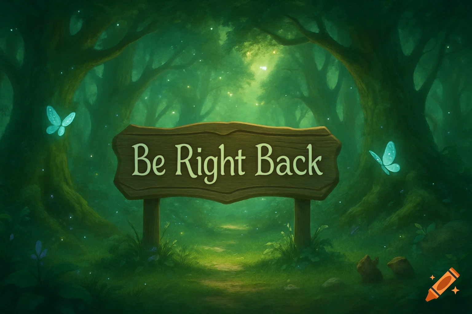 A wooden sign reading "Be Right Back" in a mystical, glowing green forest with luminous butterflies, digital art.
