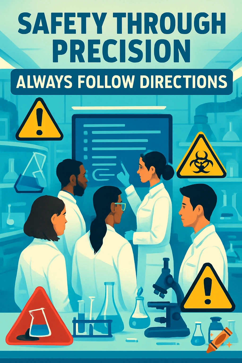 An illustrated lab safety poster shows five scientists in a laboratory with beakers, a microscope, and warning signs, featuring text 'SAFETY THROUGH PRECISION ALWAYS FOLLOW DIRECTIONS'.