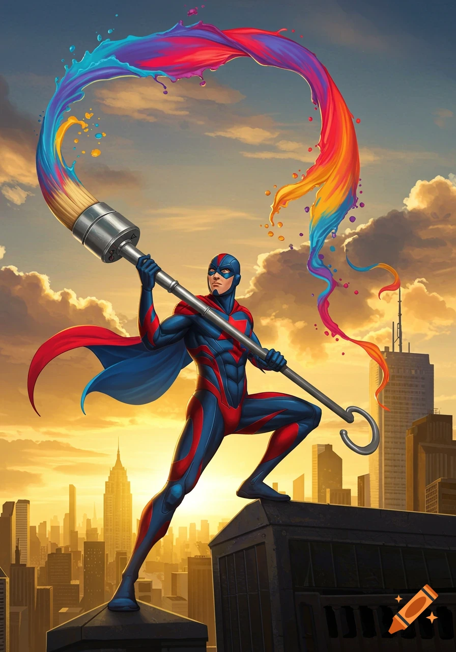 A superhero in a blue and red suit holds a giant paintbrush splattering colorful paint over a city skyline at sunset.