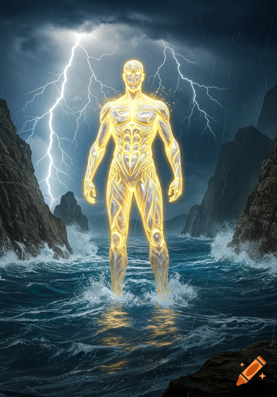 A glowing, golden humanoid figure stands in stormy ocean waves under a lightning-filled sky.