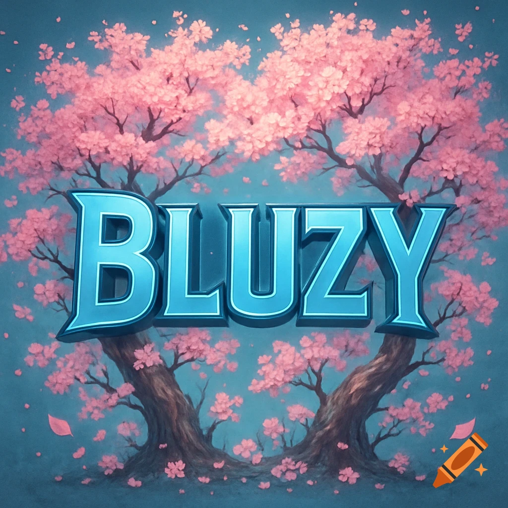 Stylized blue 3D text 'BLUZY' centered in front of blooming pink cherry blossom trees.