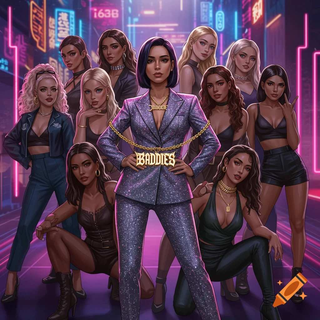 A stylized digital art image of a group of confident women, with a leader in a sparkling suit in the foreground, against a neon-lit city background.