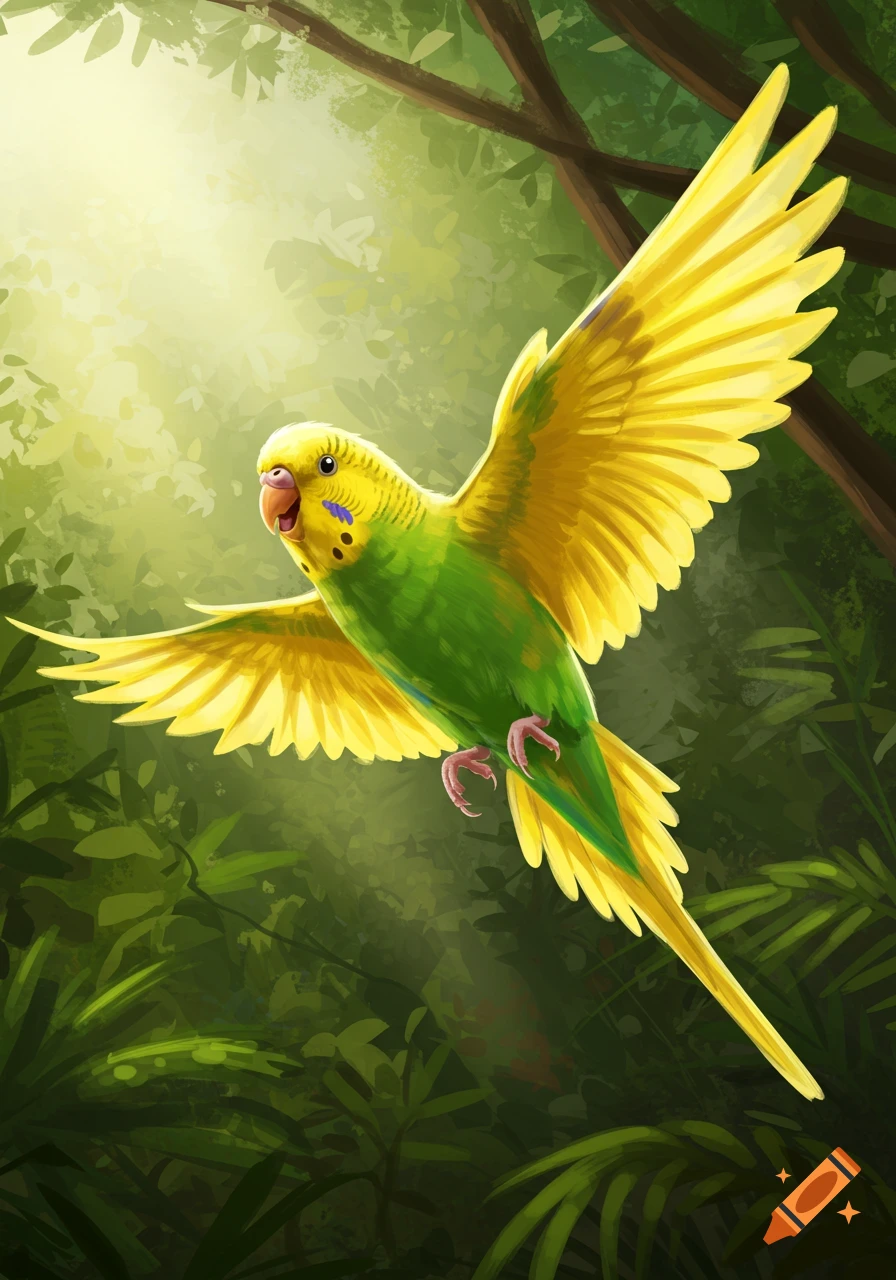 A vibrant yellow and green parakeet with wings spread, flying through sunlit jungle foliage in a digital art style.