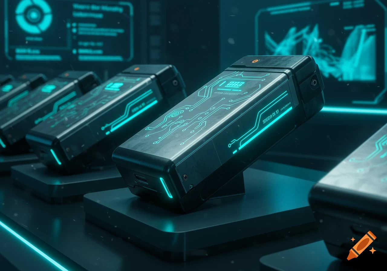 Close-up of several futuristic dark grey power packs or batteries with glowing cyan circuit patterns, arranged on stands in a high-tech setting with glowing screens in the background.