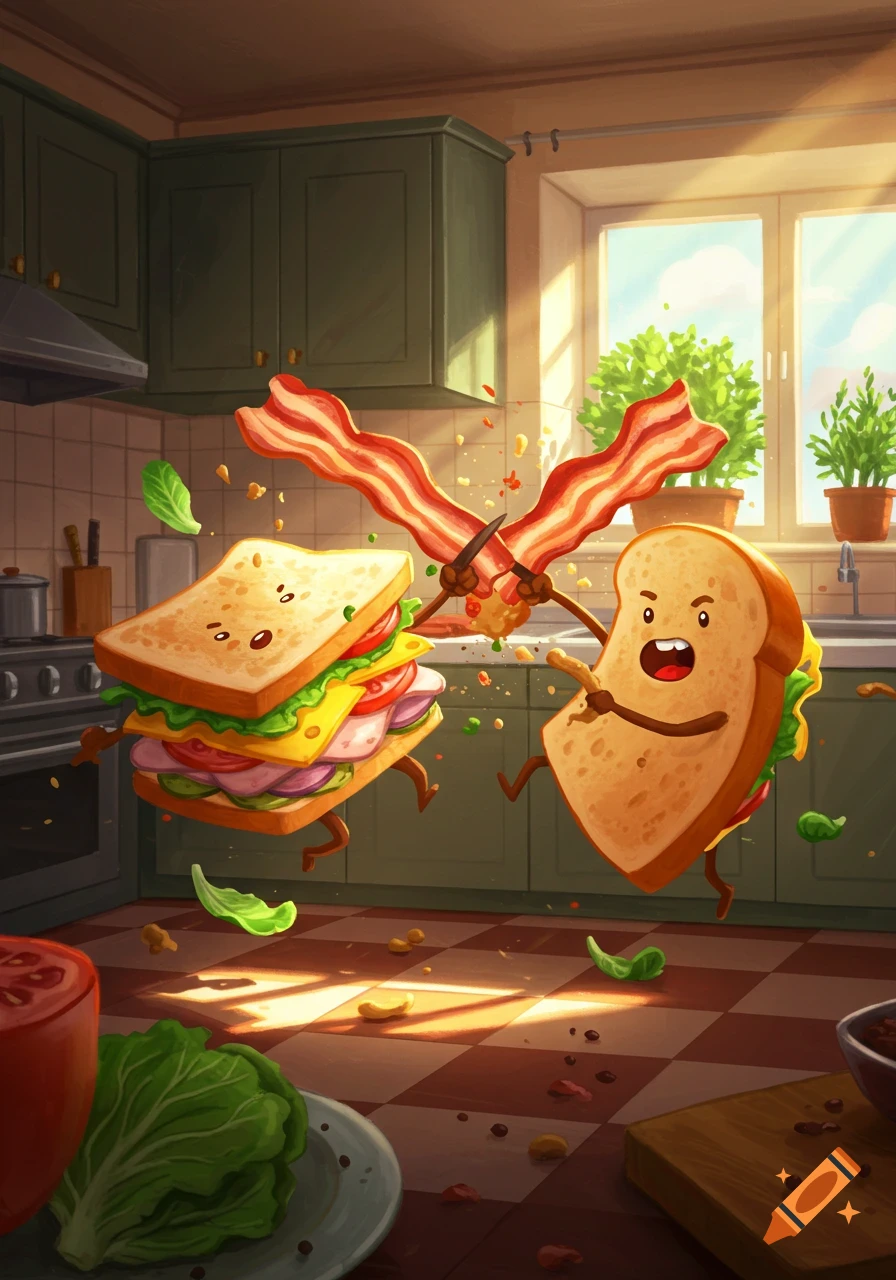 A cartoon sandwich and a piece of bread with faces and limbs fight bacon strips in a bright kitchen.