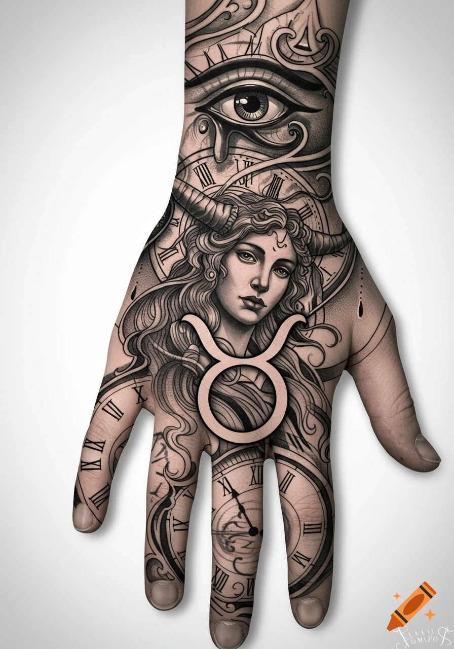 Detailed black ink tattoo on a hand featuring a Taurus symbol, a goddess, Eye of Horus, and intricate clockwork designs.