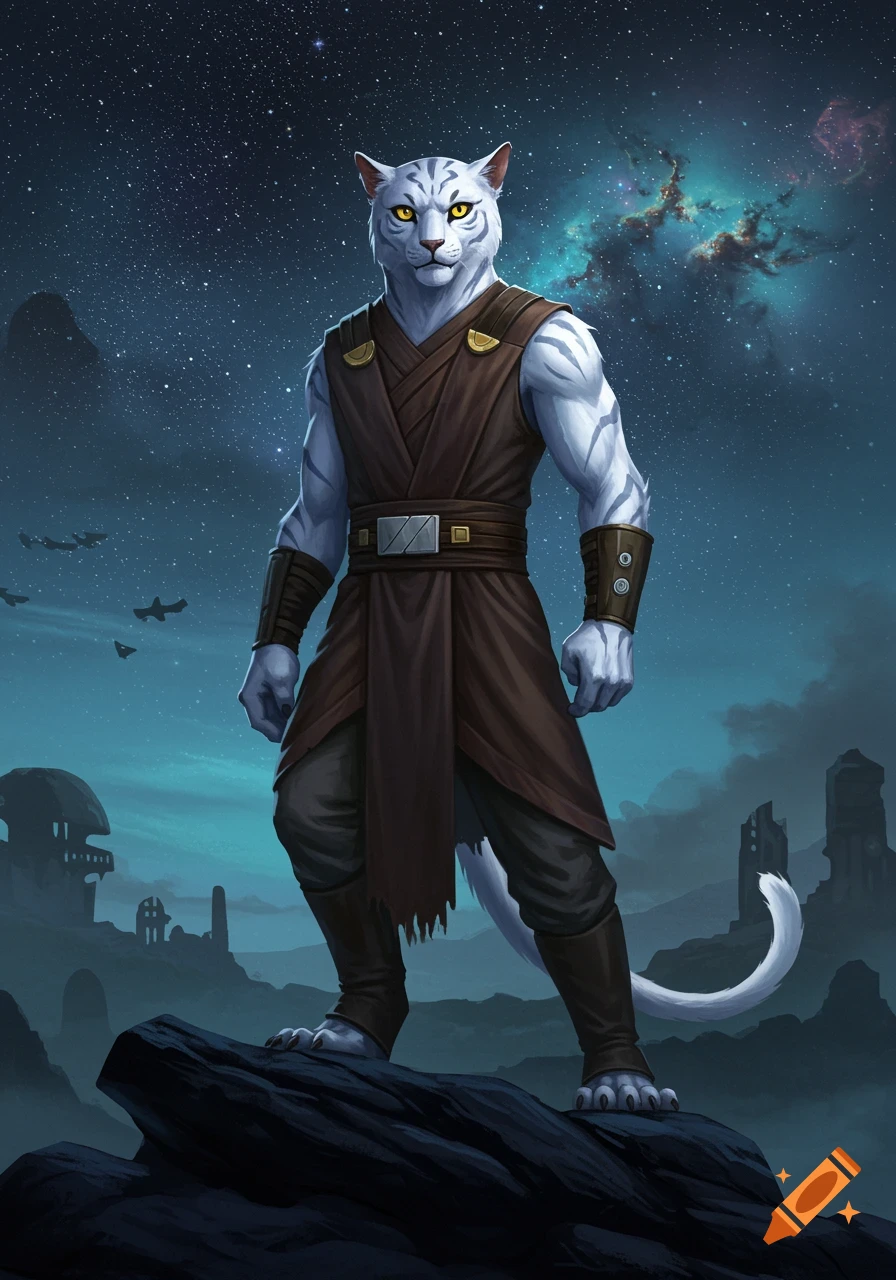 A white furry humanoid cat-like creature with yellow eyes, dressed in brown robes, stands on a rocky outcrop under a starry night sky with nebulae and distant structures.