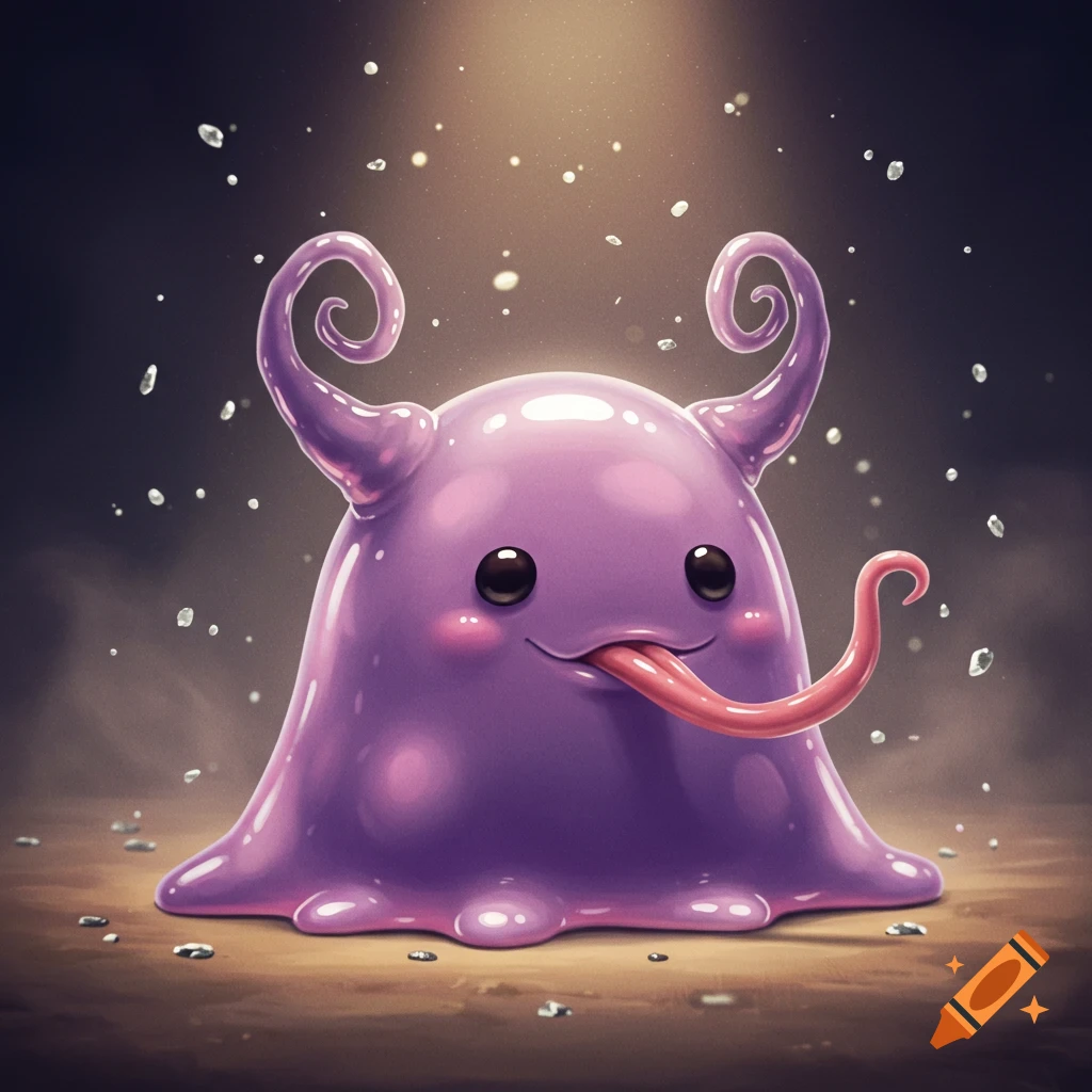 A cute, purple blob creature with curly horns, black eyes, rosy cheeks, and a long pink tongue sticking out.