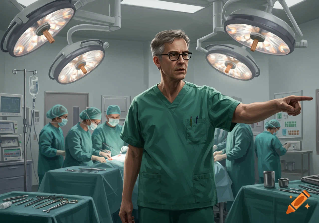 A male surgeon in green scrubs points right, with other medical staff and surgical instruments in an operating room.