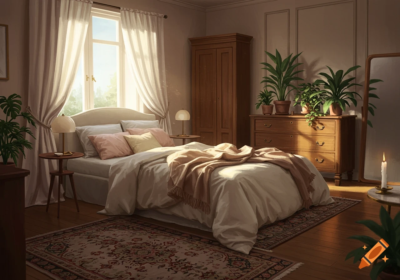 A cozy bedroom with a bed, dresser, wardrobe, and plants, bathed in warm light from a large window. Digital painting.