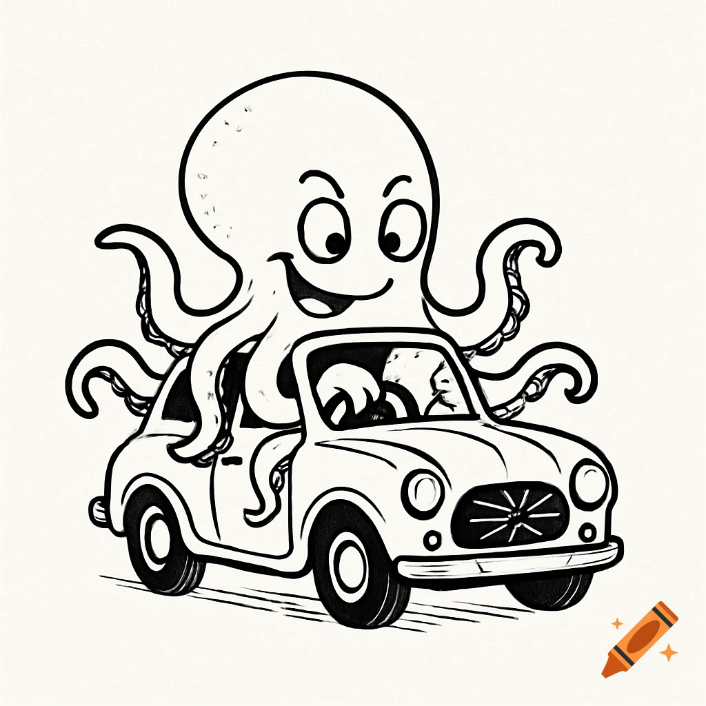 Black and white cartoon illustration of a smiling octopus driving a car with a broken windshield.
