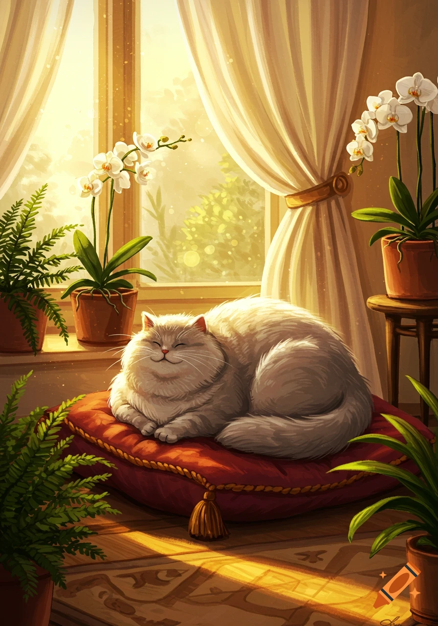 An illustrated fluffy white cat sleeps peacefully on a red cushion by a sunny window, surrounded by potted ferns and orchids.