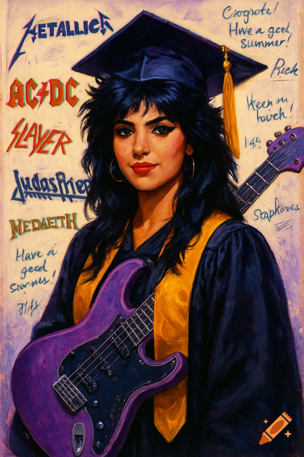 A Latina heavy metal girl with feathered hair in a graduation cap and gown, holding a purple electric guitar. The background features band logos and handwritten notes.