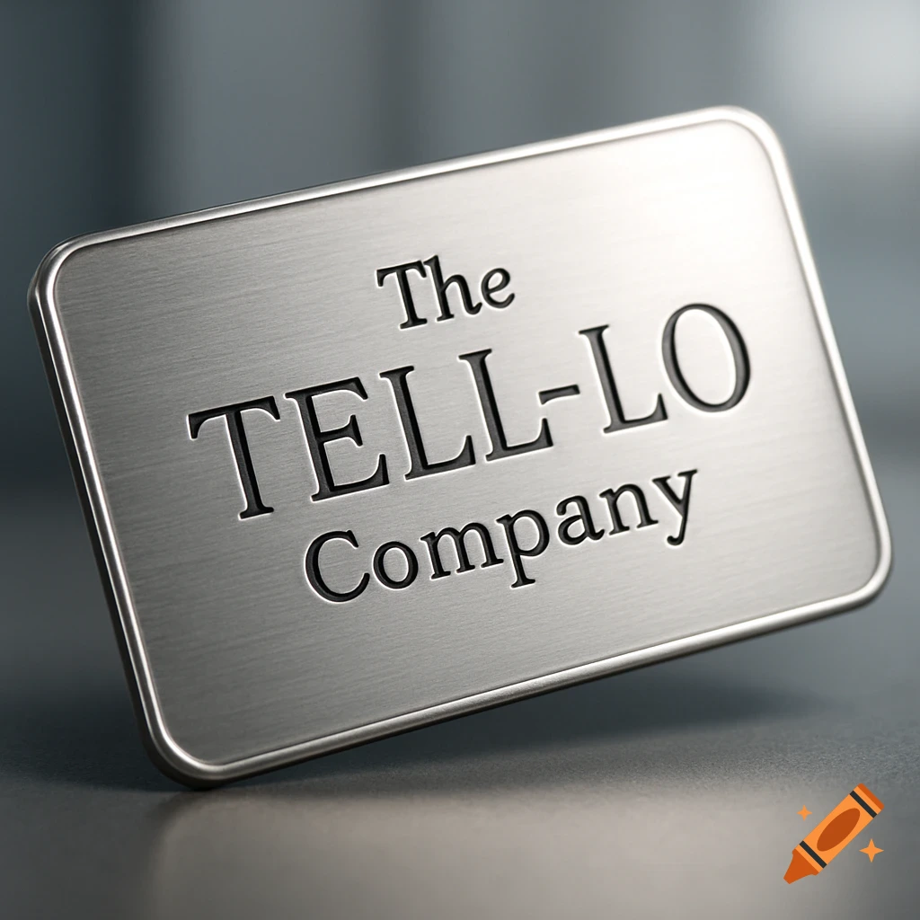 Silver metallic name tag with 'The TELL-LO Company' embossed on it, against a blurred background.