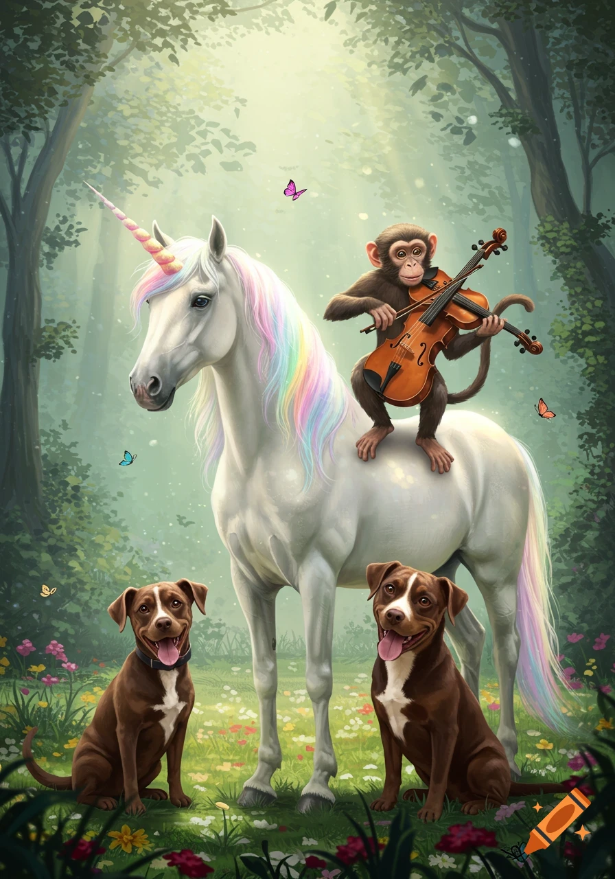 A white unicorn with rainbow mane and tail in a magical forest, a monkey playing violin on its back, and two brown dogs.