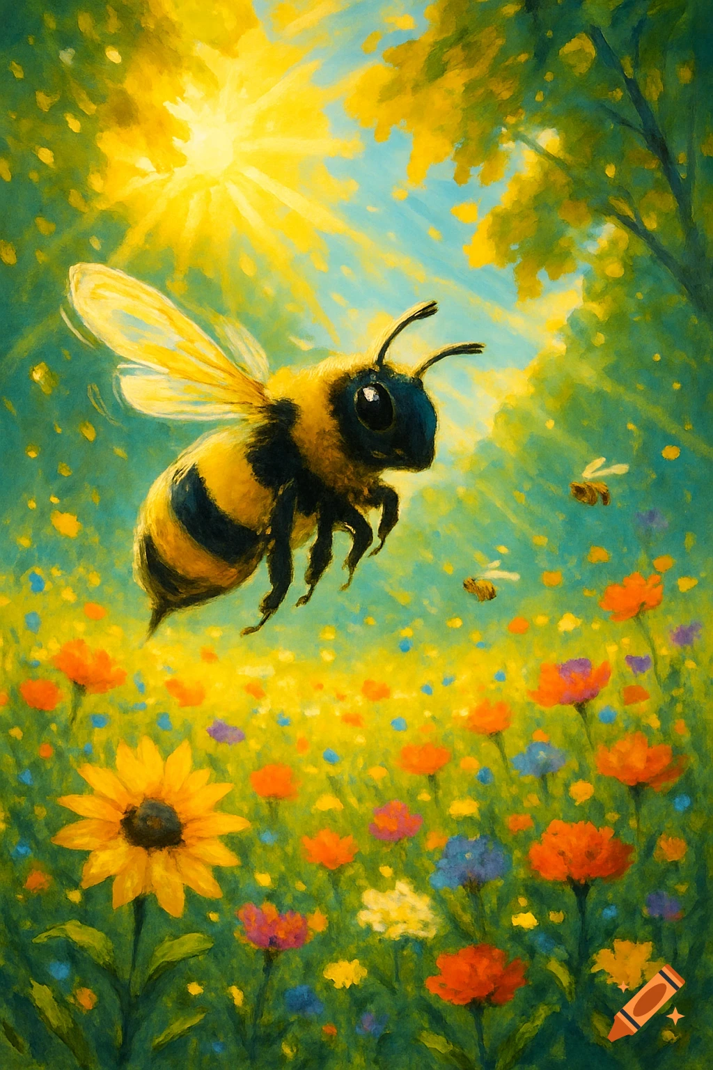 A large bee flies over a vibrant field of colorful flowers under a bright sunny sky in a painterly style.