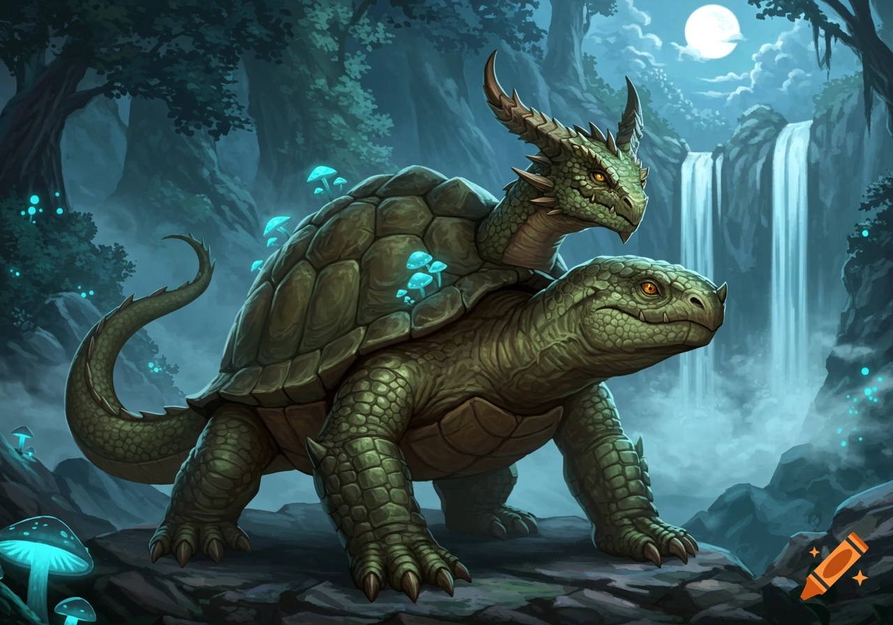 A green fantasy creature resembling a turtle with a dragon head on its back, in a mystical moonlit forest with glowing mushrooms and waterfalls.