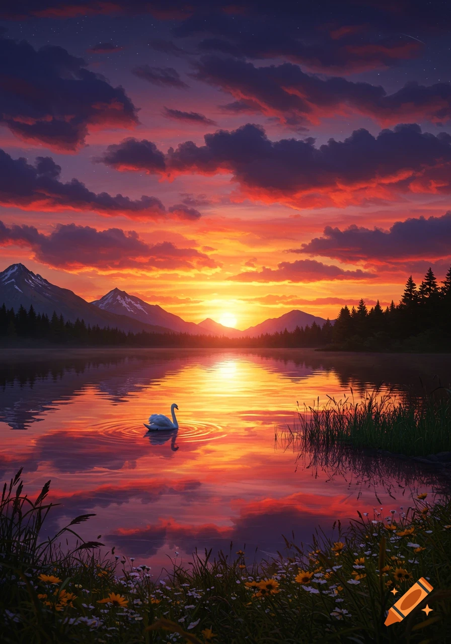 A serene sunset over a reflective lake with mountains, evergreen trees, a white swan, and wildflowers in the foreground.