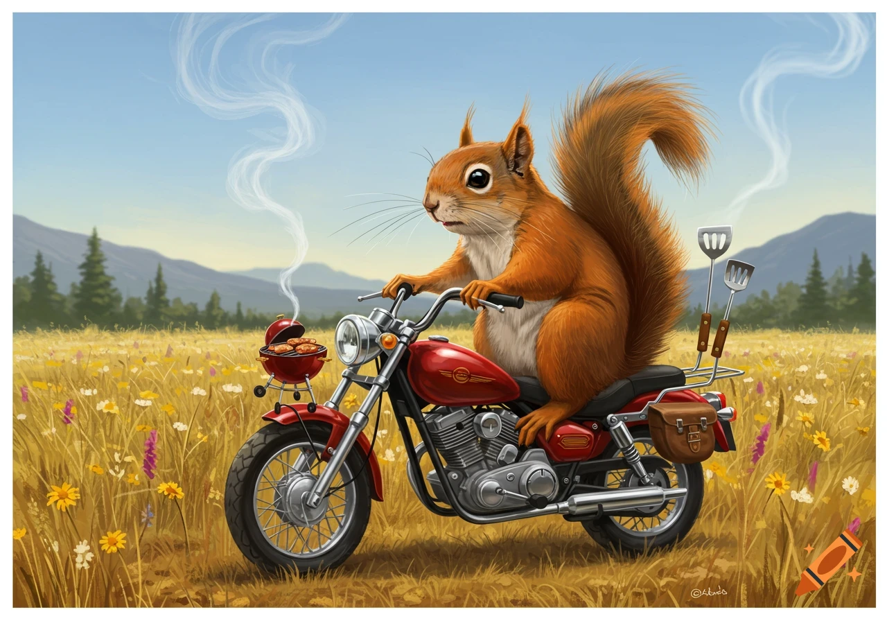 An illustrative image of a squirrel riding a red motorcycle through a grassy field, carrying a smoking BBQ grill and spatulas.