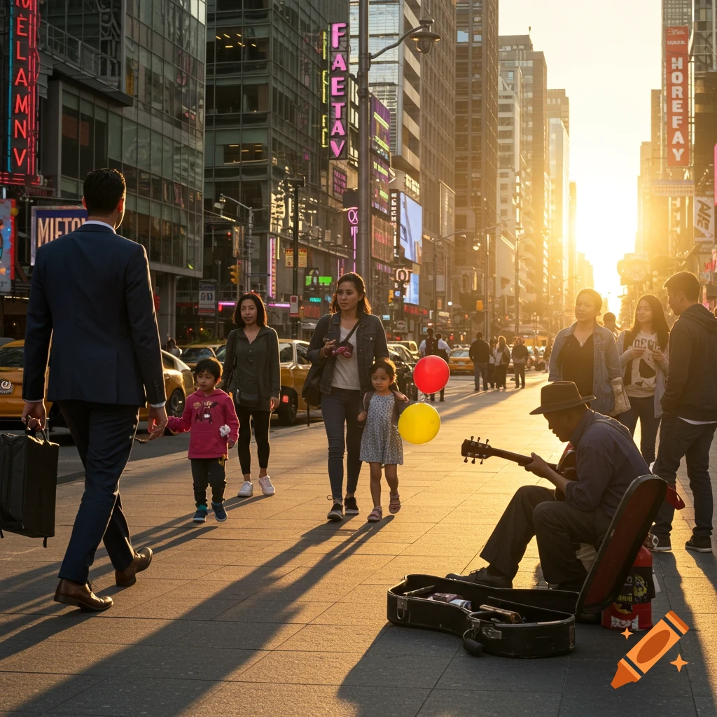 People walk on a sunny city street lined with tall buildings and neon signs, a man plays guitar.
