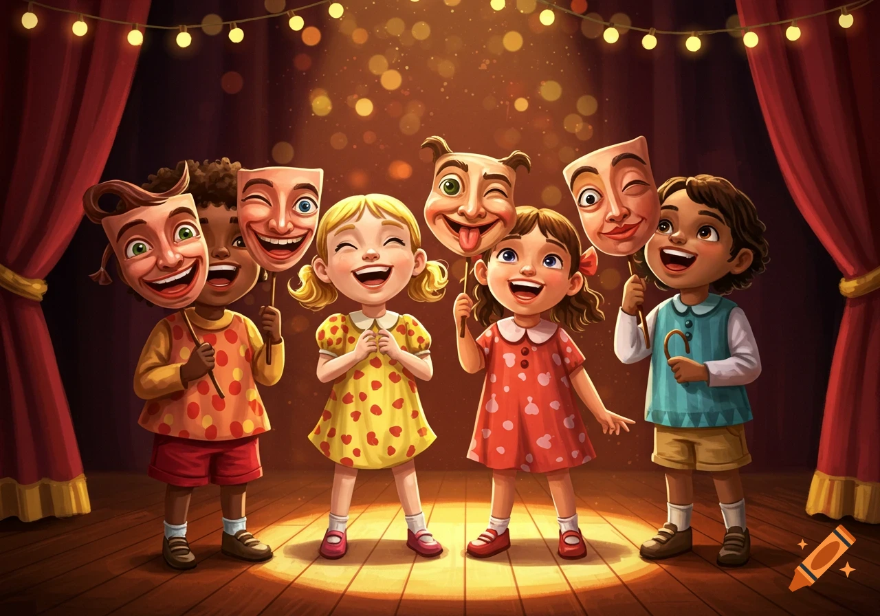 Cartoon illustration of six happy children holding silly theatre masks on a stage with red curtains and string lights.