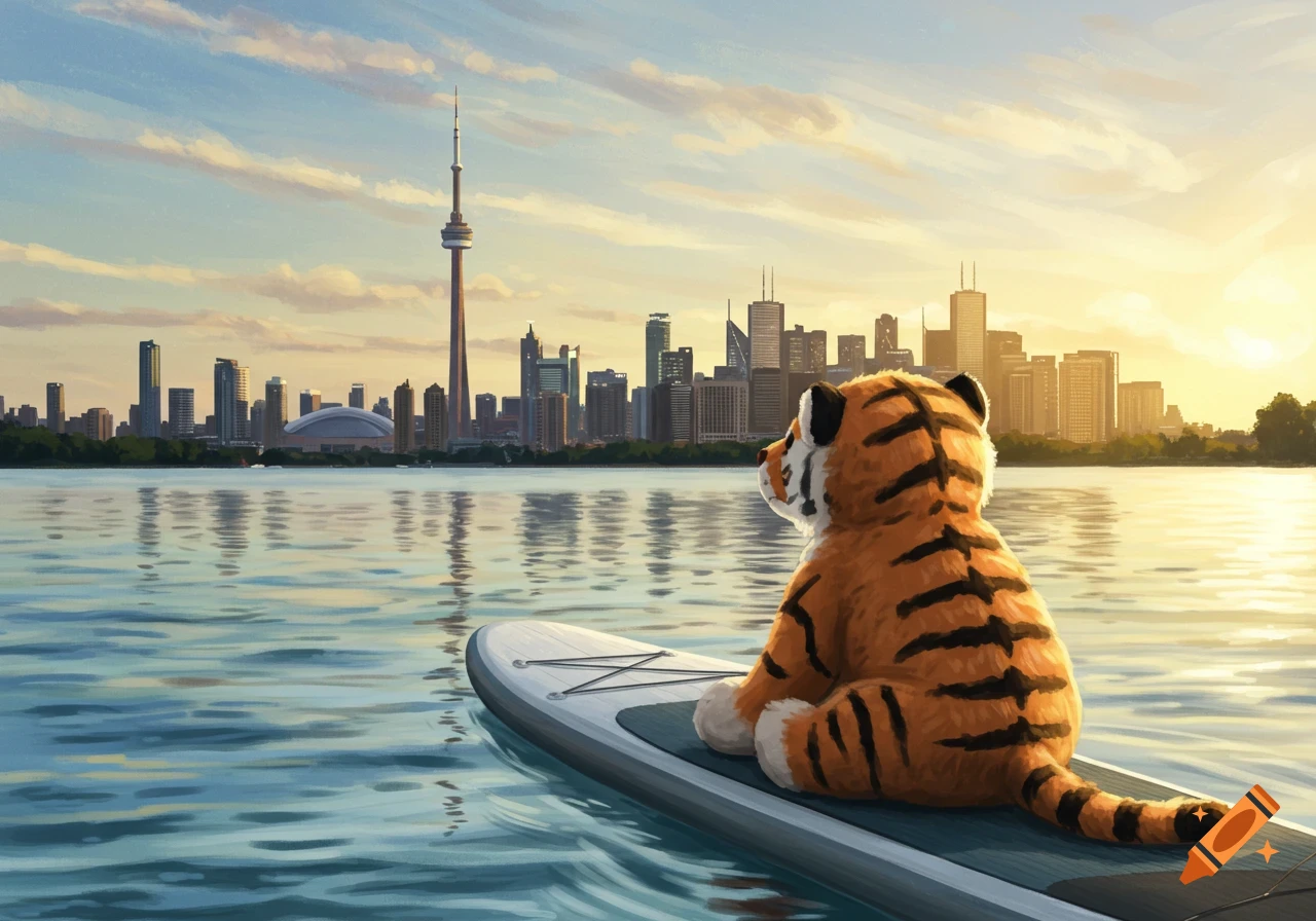 An illustrated tiger stuffed animal sits on a paddleboard on a lake, gazing at the Toronto skyline under a sunset sky.