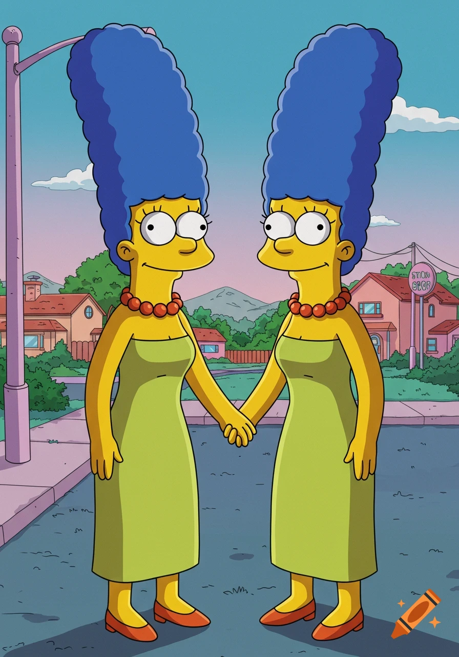 Two cartoon Marge Simpsons from The Simpsons holding hands on a suburban street.
