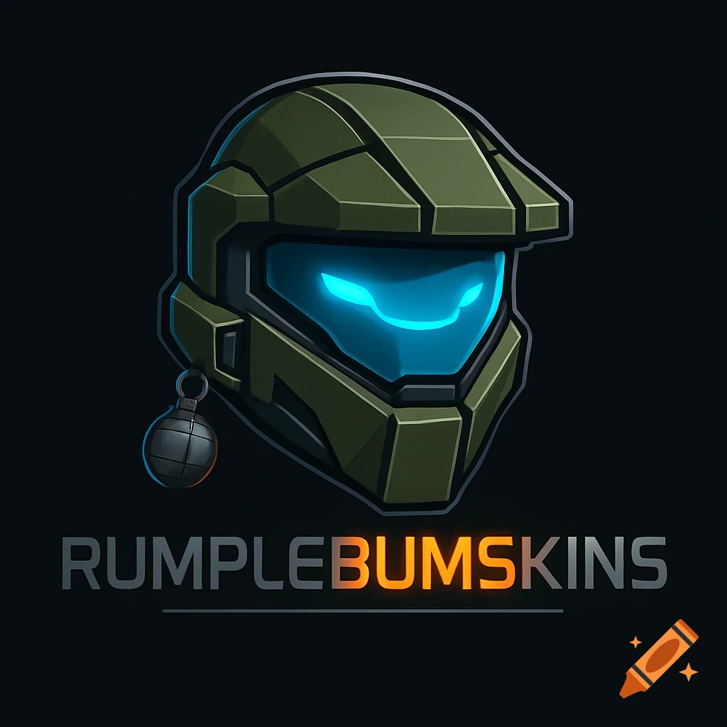 A sleek, matte military green and gunmetal gray Spartan helmet with a glowing blue visor. A small plasma grenade hangs from its side. Below, the text "RUMPLEBUMSKINS" has "BUMS" glowing orange.