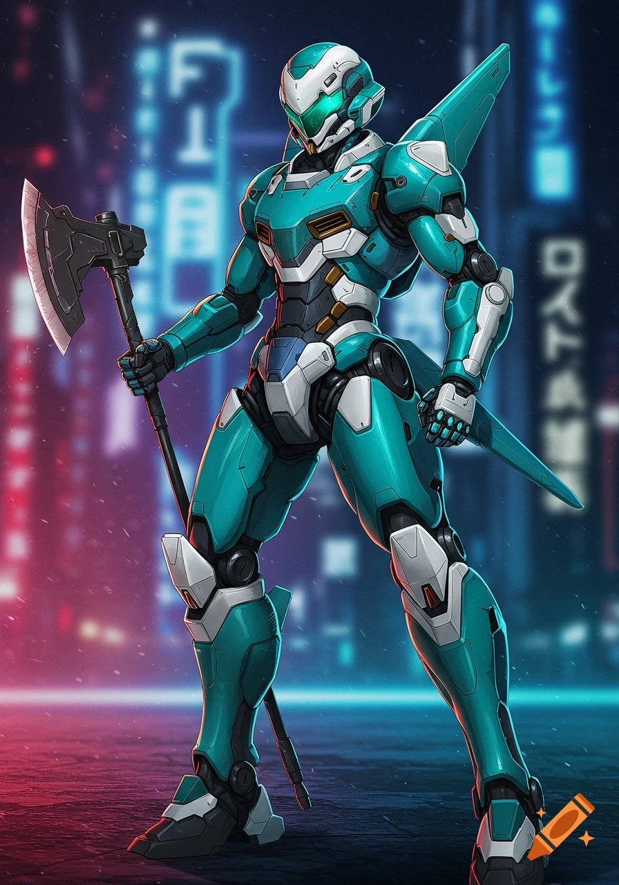 A high-tech teal and white anime-style mech suit with a sleek design, holding a futuristic axe in a futuristic city setting.