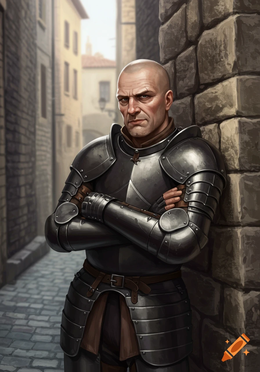 A bald man in black armor leans against a stone wall in an alley, arms crossed, looking annoyed. Digital painting.