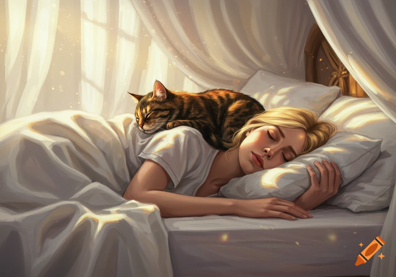 A blonde woman sleeping peacefully in bed with a tabby cat curled up on her shoulder. Sunlight streams through curtains.