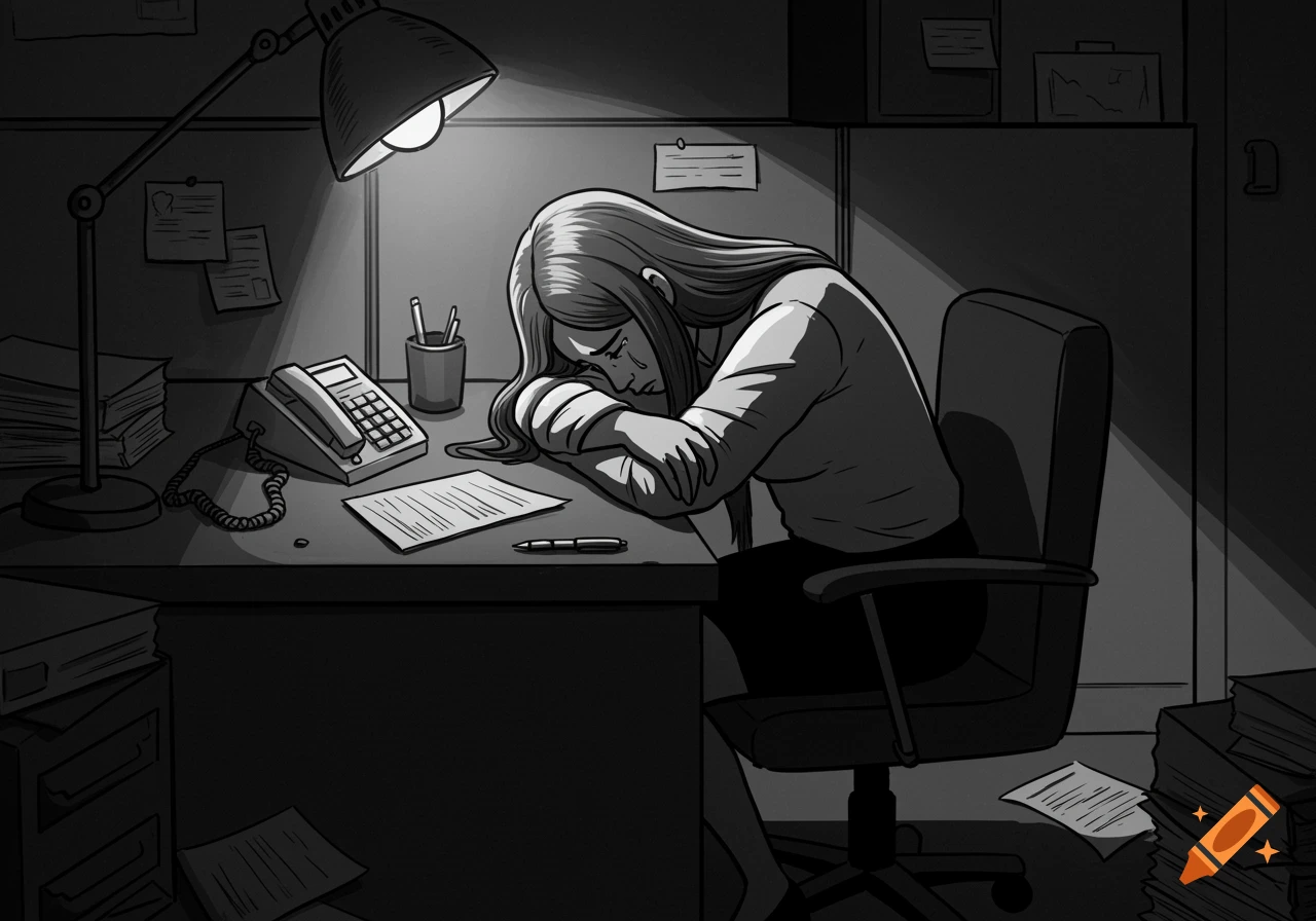 A black and white cartoon of a woman crying with her head on an office desk under a lamp.
