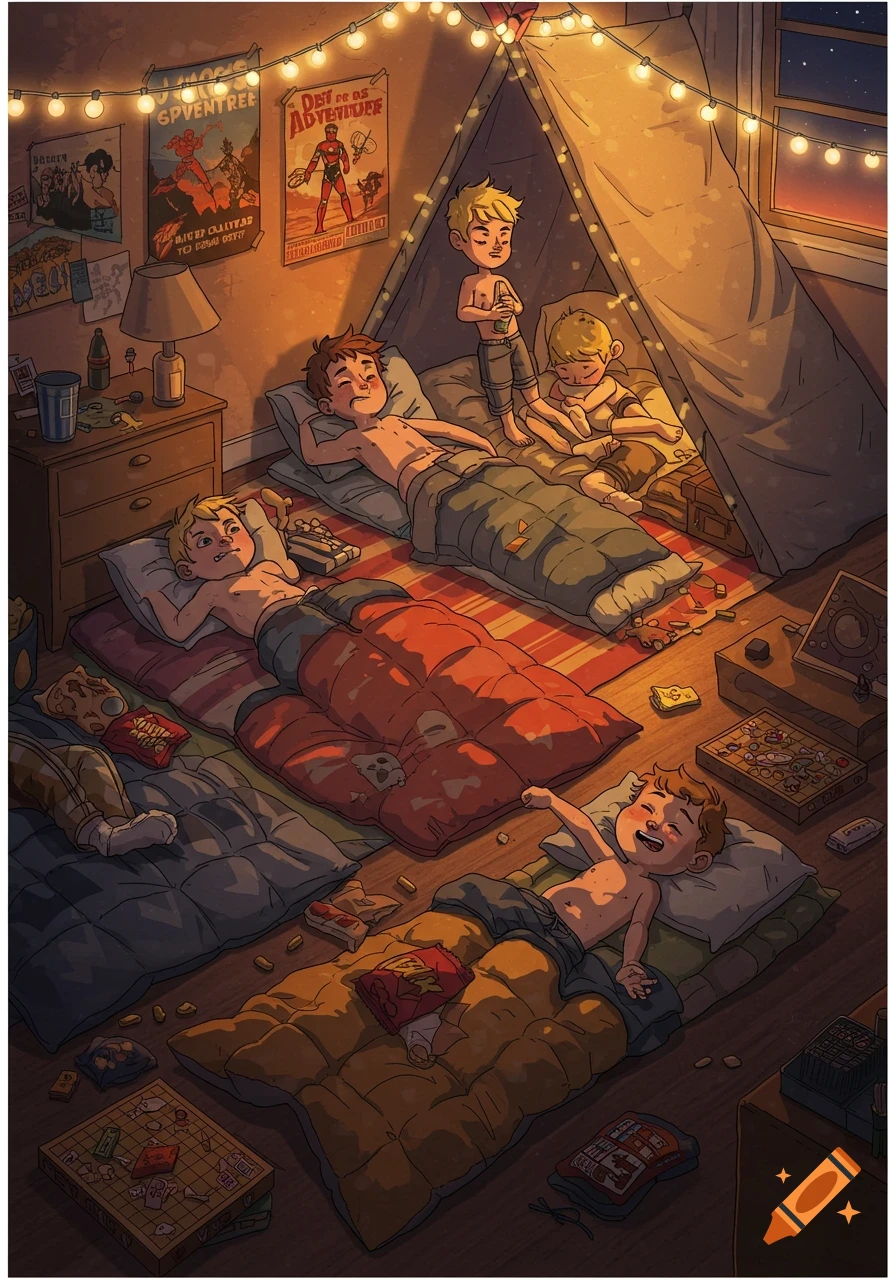 Illustrated scene of young boys having a sleepover in a dimly lit bedroom with string lights and sleeping bags on the floor.