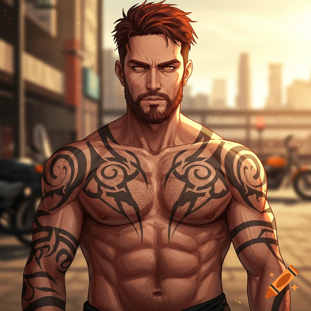 An anime-style portrait of a muscular man with red hair, a beard, amber eyes, and tribal tattoos on his chest and arms, standing outdoors.